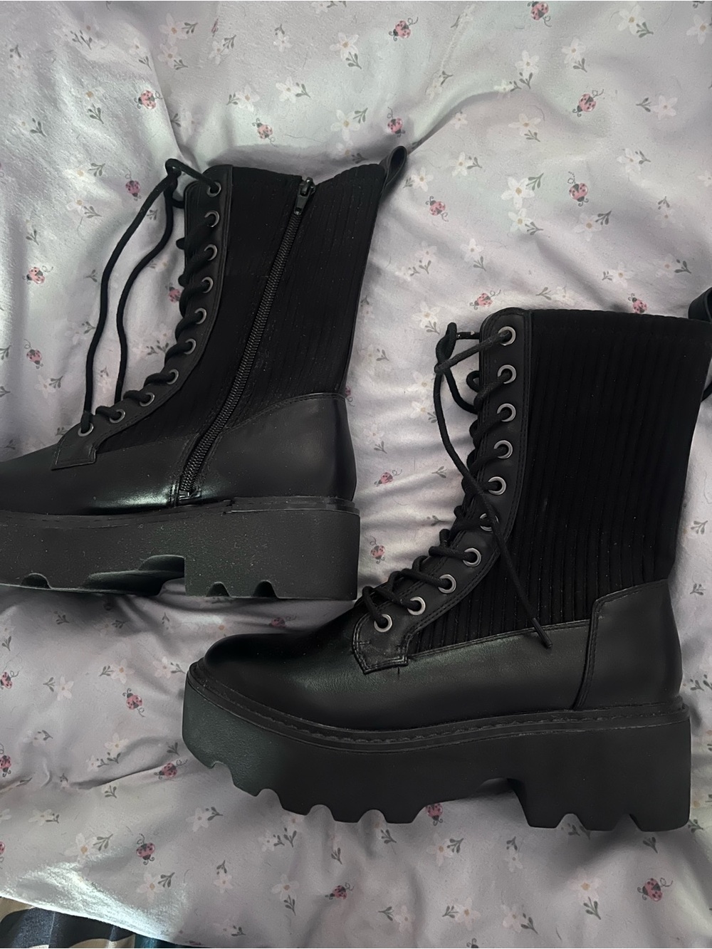 Black Platform Lace-Up Combat Boots with Ribbed Shaft